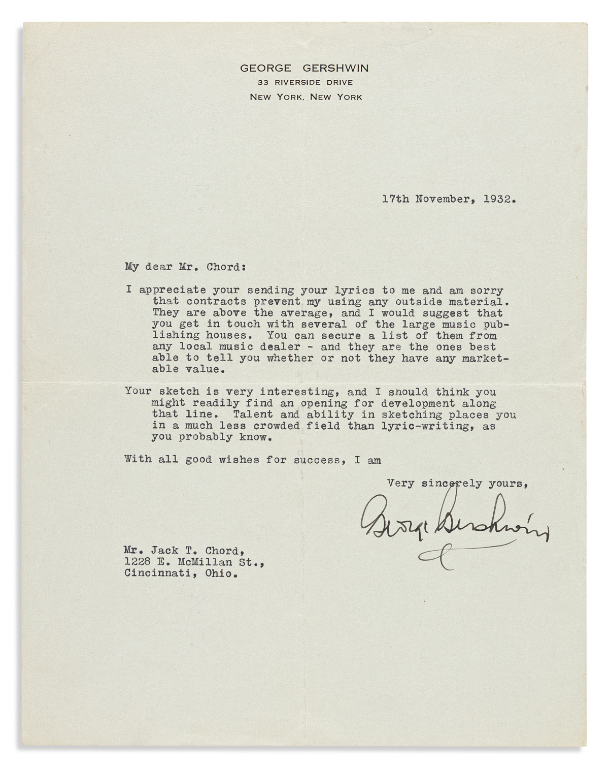 GERSHWIN, GEORGE. Typed Letter Signed, to Jack T. Chord,